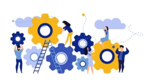 Ilustración de engranajes y personas trabajando